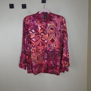 IOS Long Sleeve 100% Silk Button Front Blouse in Vibrant Print Size L